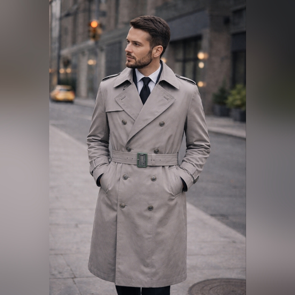 Moores Grey Spring Trench Coat Mens 44 Removable Liner Classic Double Breasted